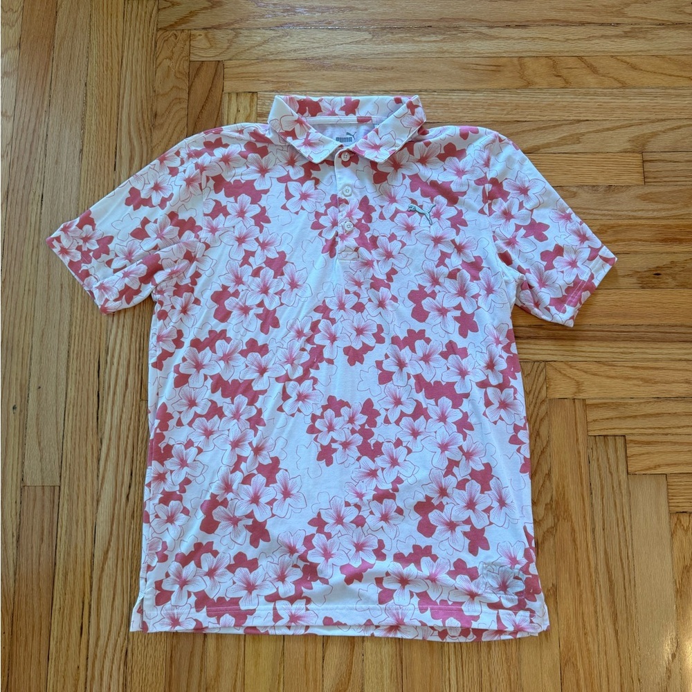 Puma Men’s Pink and White Floral Golf Polo